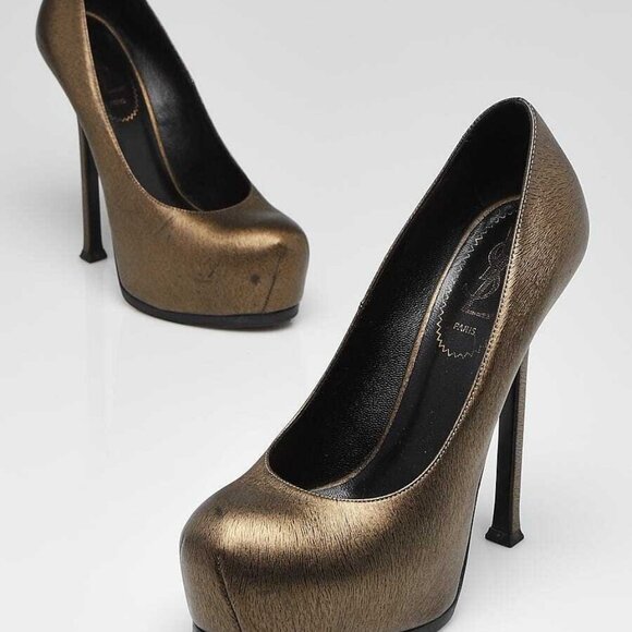 Yves Saint Laurent Gold Textured Leather Tribtoo Platform Pumps Size 6/36.5 - Picture 1 of 4